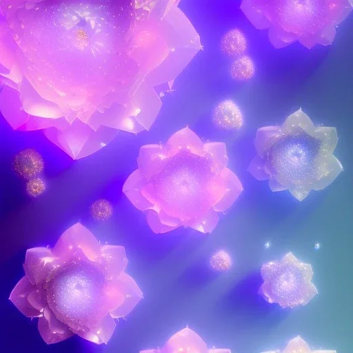 very beautiful crystal flowers , elegant, cascades, atmospheric, realistic, cinematic lighting, pink blue light, 8k, galactic atmosphere, flowers