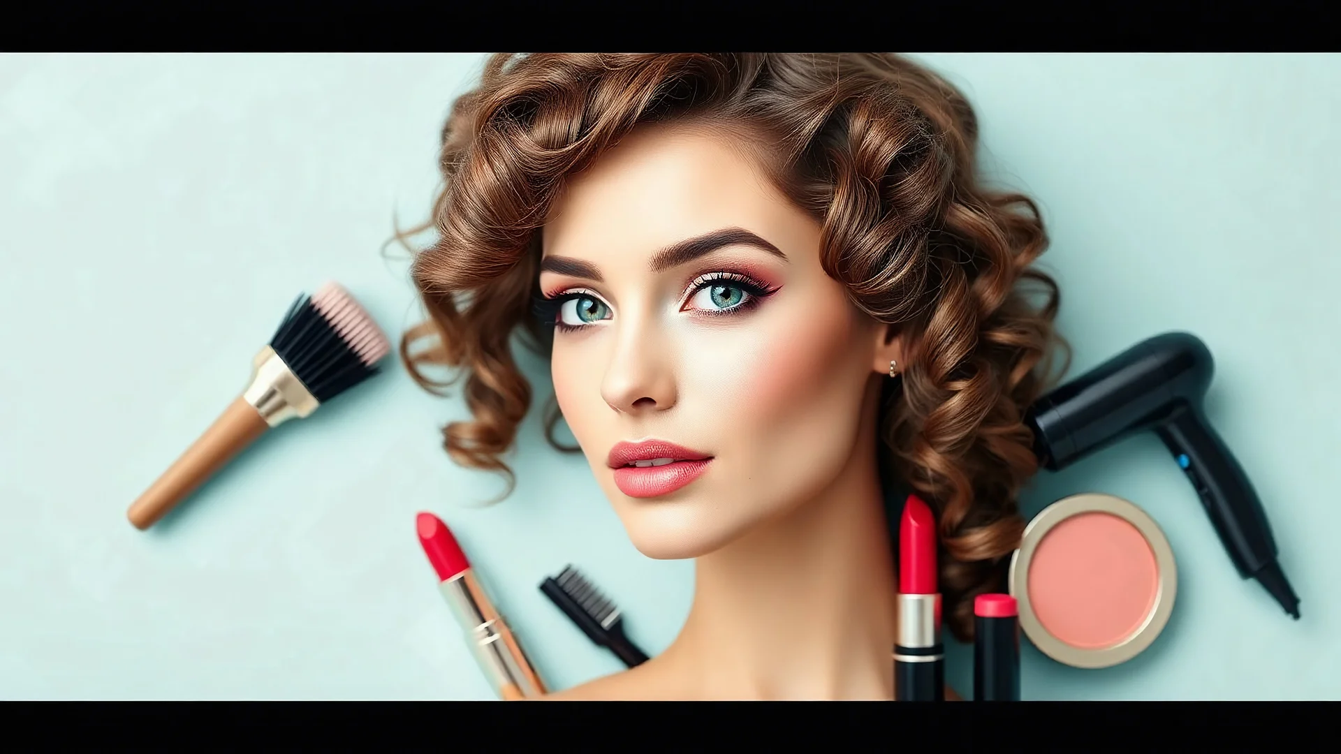 Designing a wall banner for a beauty salon in horizontal orientation with a photo of a beautiful lady's face with curly hair in the center and cosmetics around the image such as hair color varnish, brush, hair dryer, lipstick, blush