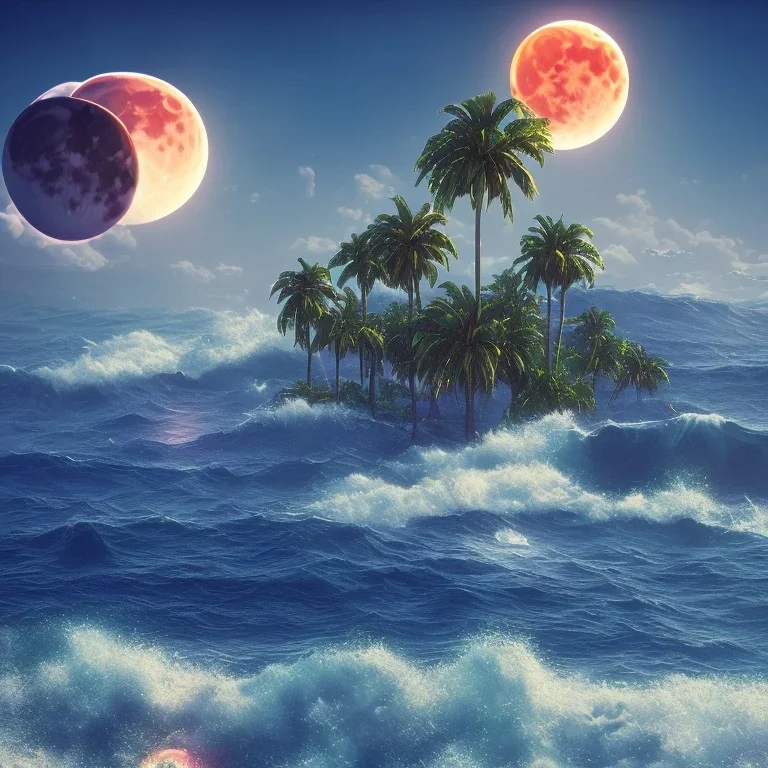 1980's vaporwave aesthetic palm trees with lightning with lunar eclipse moon crescent in the ocean waves sunset