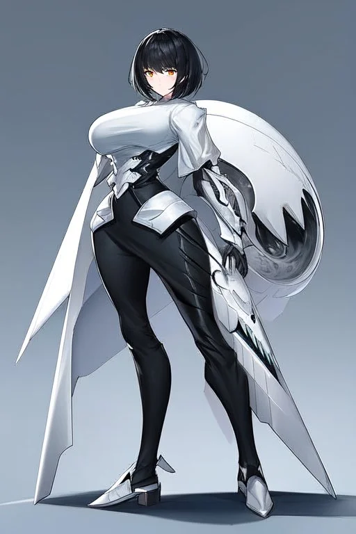 Woman with short black hair, sharp green eyes, holding a pike, full body black and white metal plate armour, close full body shot, Dramatic lighting,1woman, standing pose, lean body, simplistic background