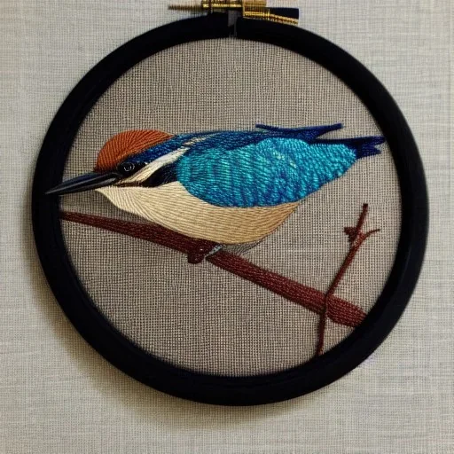 exquisite kingfisher in embroidery hoop, intricate, highly detailed, linen and wood backdrop