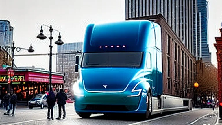 A Tesla semi-truck is racing at top speed, across the 'Pike Place Market', in Seattle. CINEMATIC. WIDE ANGLE LENS. PHOTO REAL.