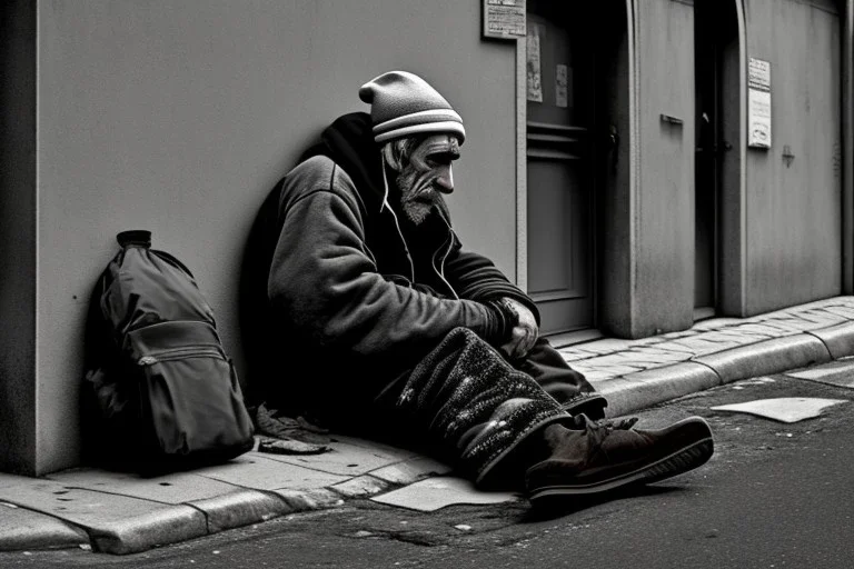 One single mature homeless huge penguin with worn out clothes, short trouser, t-shirt, sitting in a corner on the street, wine bottle , Vienna, mourning, model style, hyper realistic, extremely accurate, delicate, extremely detailed, Graphic novel style, wide-angle, open aperture, superfine pencil