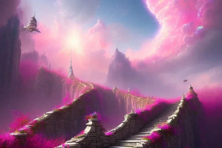 mystical long stairway up to heaven in the sky, atmospheric pink mist, beautiful colours, fine art, trending on artstation, masterpiece