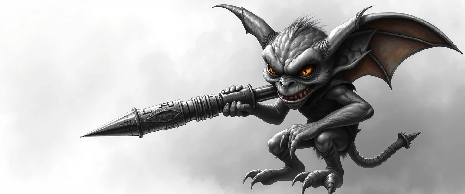 air brush 3d with pen outline, mongrel goblin gremlin holding rocket, charcoal fog border