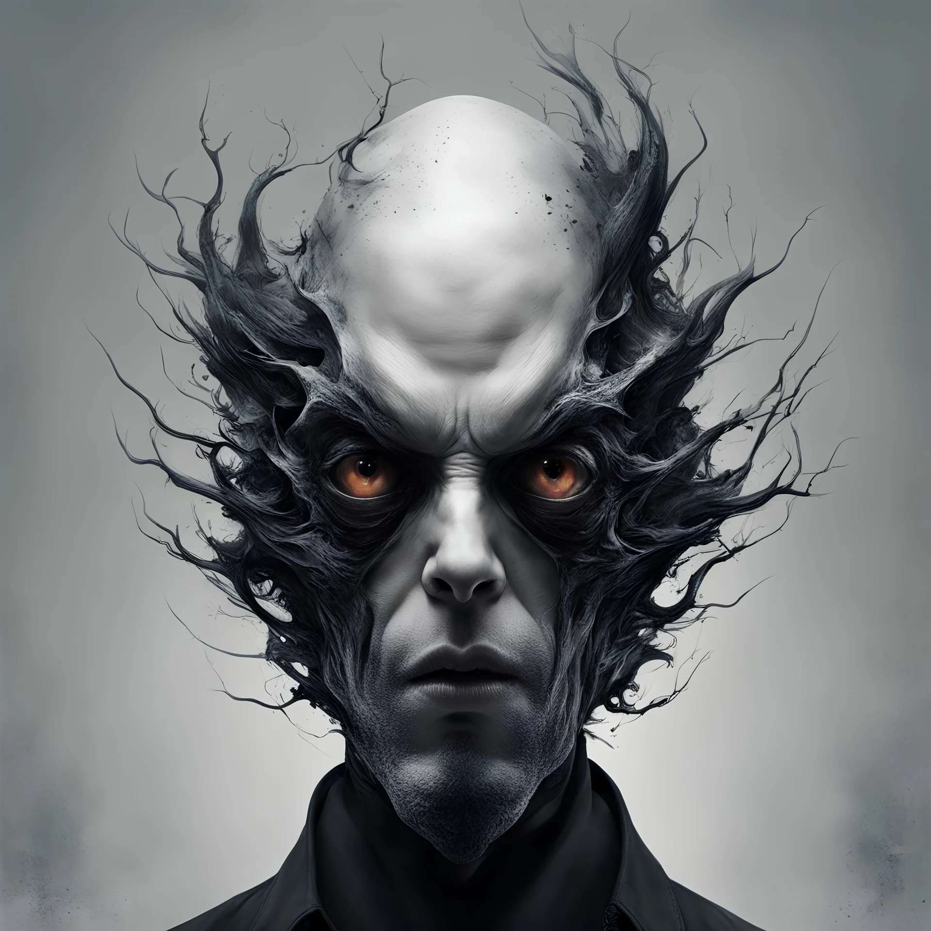 create A hauntingly beautiful hyperrealist photograph that embodies dark surrealism, featuring a fish-headed man with grotesque but fascinating features. His asymmetrical eyes, exaggerated expressions and minimalist style evoke an otherworldly atmosphere. The ash grey textured background adds depth, immersing the viewer in a dark fantasy world reminiscent of artists such as Russ Mills, Sakimichan, Wlop, Loish, Artgerm, Darek Zabrocki and Jean-Baptiste Monge. This captivating work blends dark fan