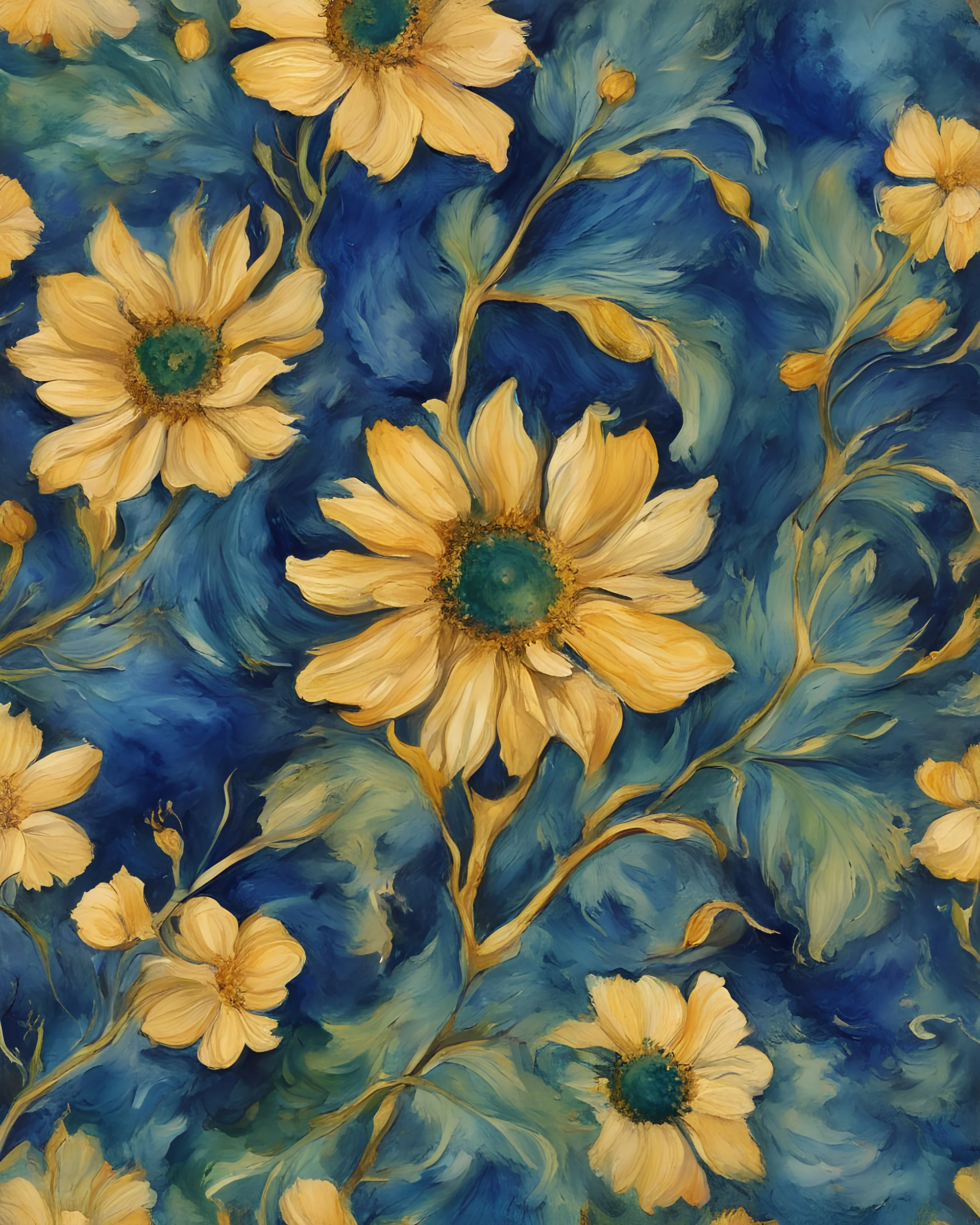 Green, dark blue and gold flower van Gough water color