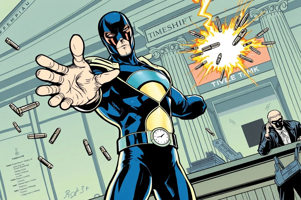 Modern comic book illustration by John Romita Jr, superhero 'Timeshift' the hourglass costumed masked superhero holds out one arm with an open hand, bullets hover in mid-air just beyond his hand as he has stopped time, setting is a bank that is being robbed, fantastical, superhero Marvel aesthetic