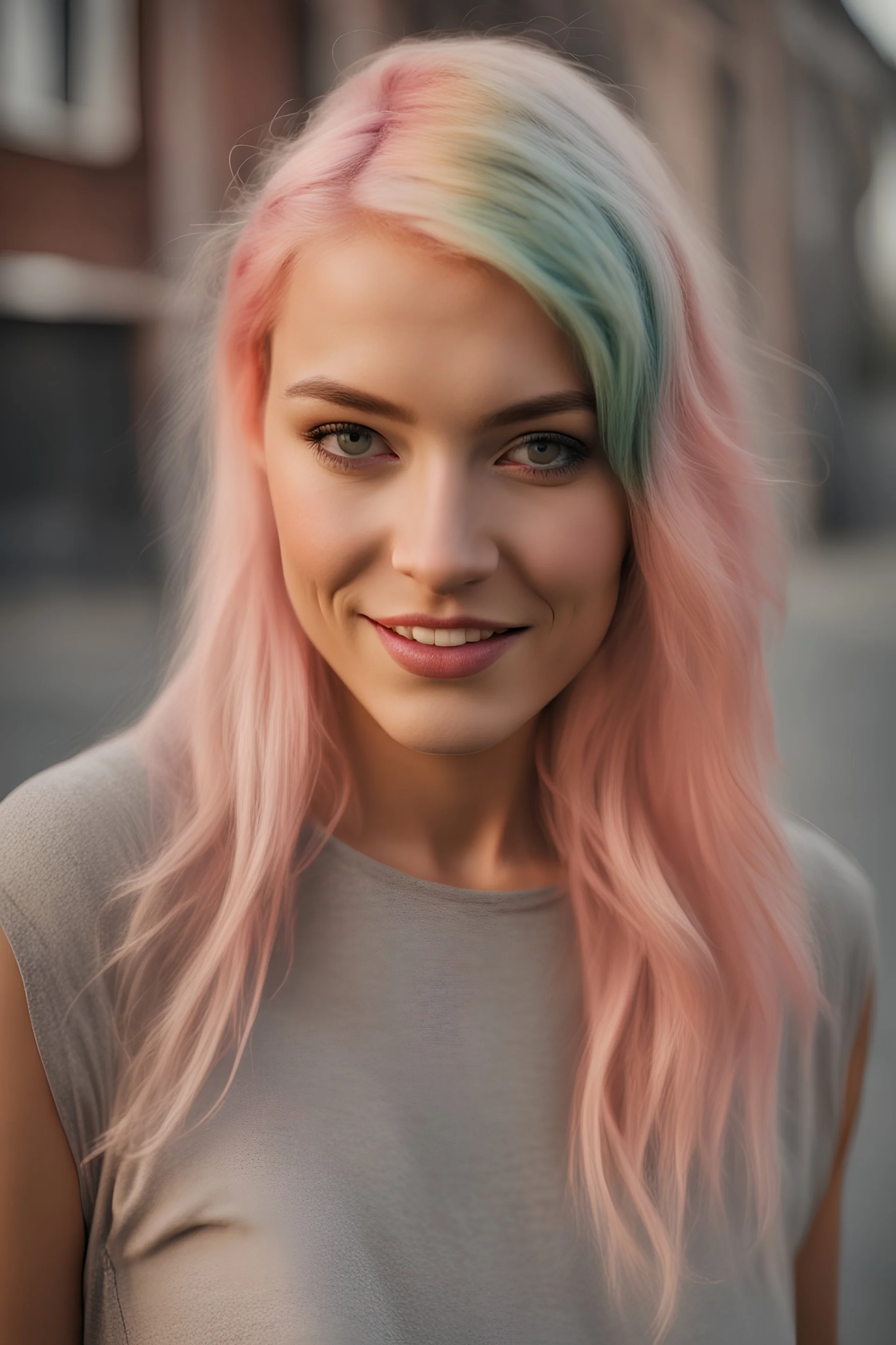 a portrait of a cute girl with colored hair in her 20s, realistic, portrait photo, real life,