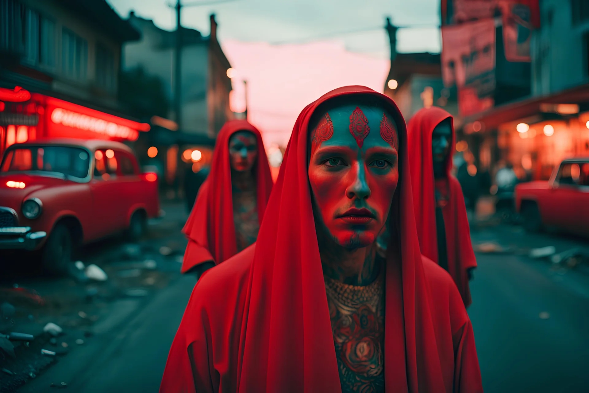 Peter McKinnon-Alex Strohl close-up weird Turkish street with weird humanoids dressed as Guadalupe in red lingering around in 1950 by Richard Billingham, Fujichrome provia 100F, unicorncore, whimsical, weird, odd gloomy sunset, animals and people, weirdcore , stunning details, 8k, style raw style raw, neon pop '80s oil paint-style raw, Mario Bava-Boris Mikhailov ,greg rutkowski