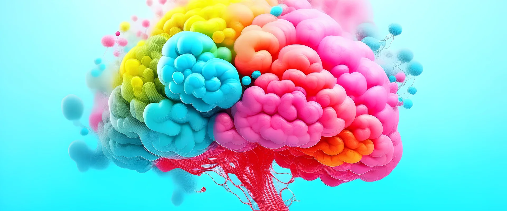 brain, in Cotton Candy bubbles cloud, multi colour, bubbles , balls forming out, floating to right, splashes of colour as they burst