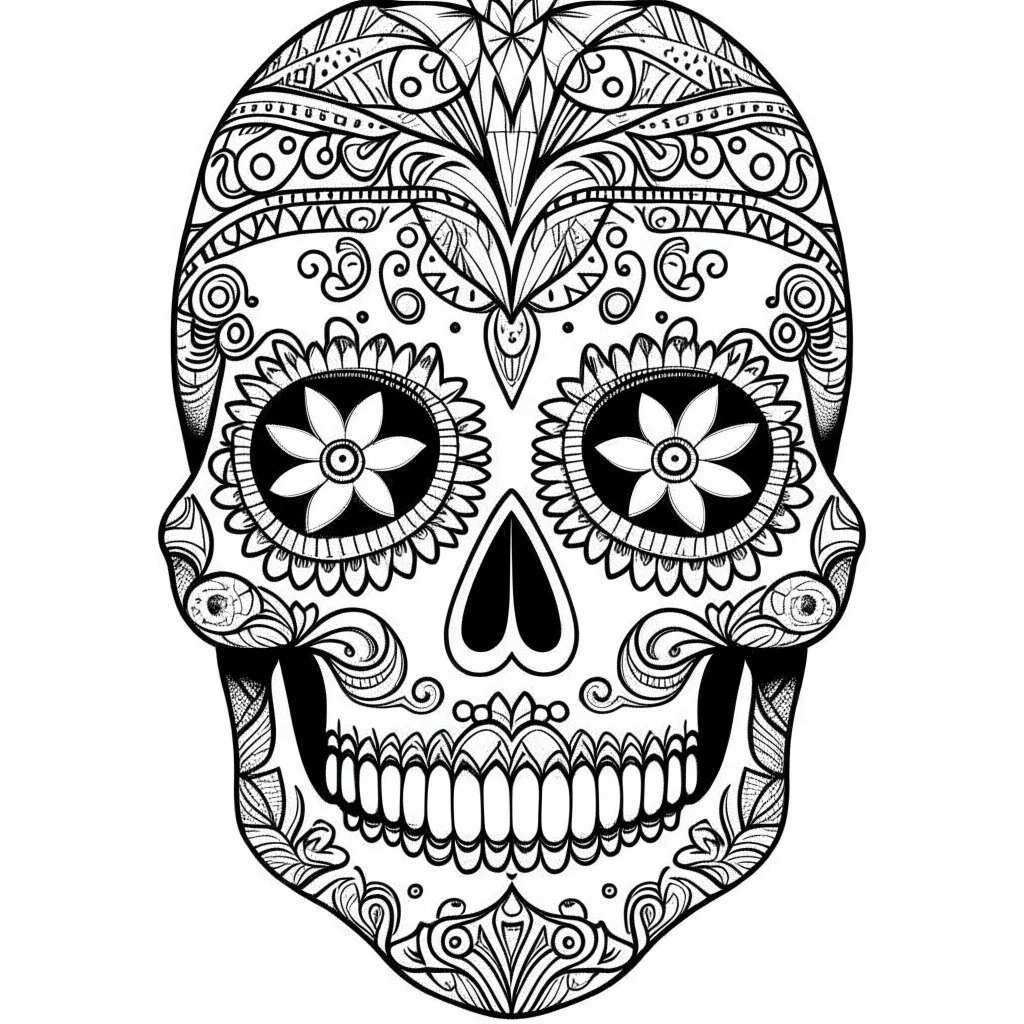 sugar skull, "Intricate Calavera Designs", full view, realistic face, coloring page, only draw lines, coloring book, clean line art, –no sketch, color, –ar 3:4, white background, minimalistic black lines, minimal black color, low level black colors, coloring page, avoid thick black colors, thin black line art, avoid colors, perfect shape, perfect clear lines,