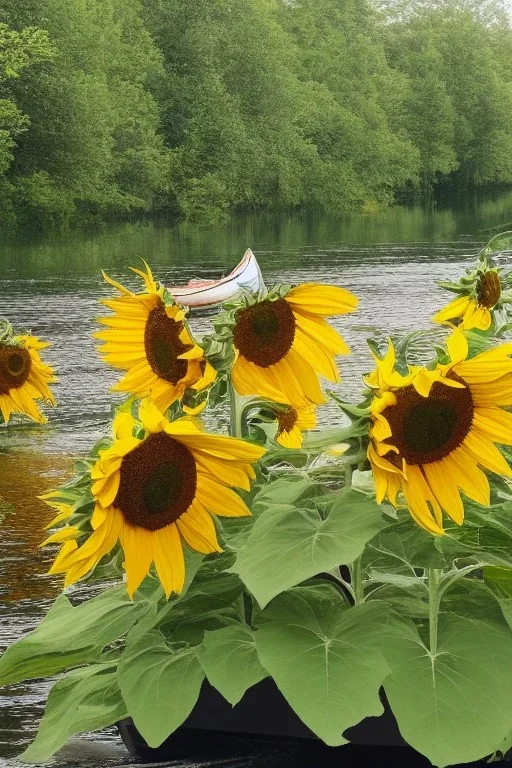 sunflowers, canoe, trees, river