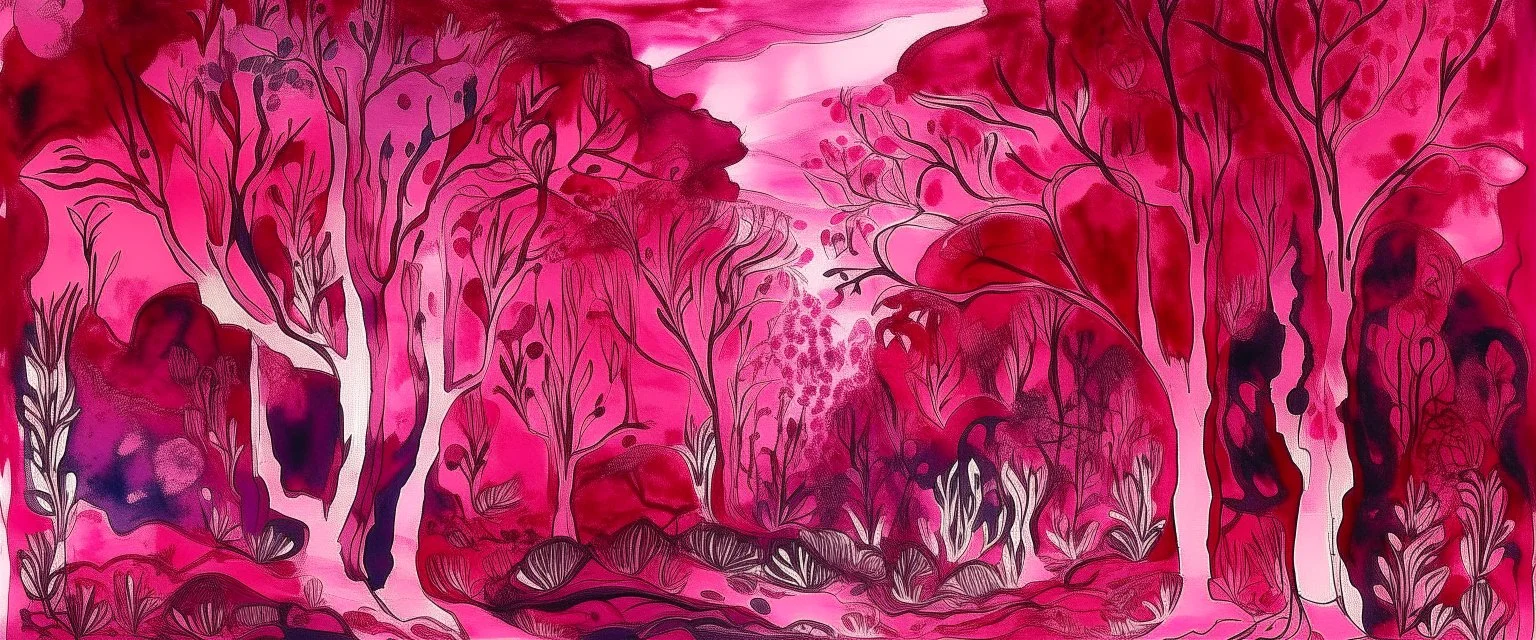 A pinkish purple and reddish magenta forest with fungi designed in cave paintings painted by Jackson Pollock