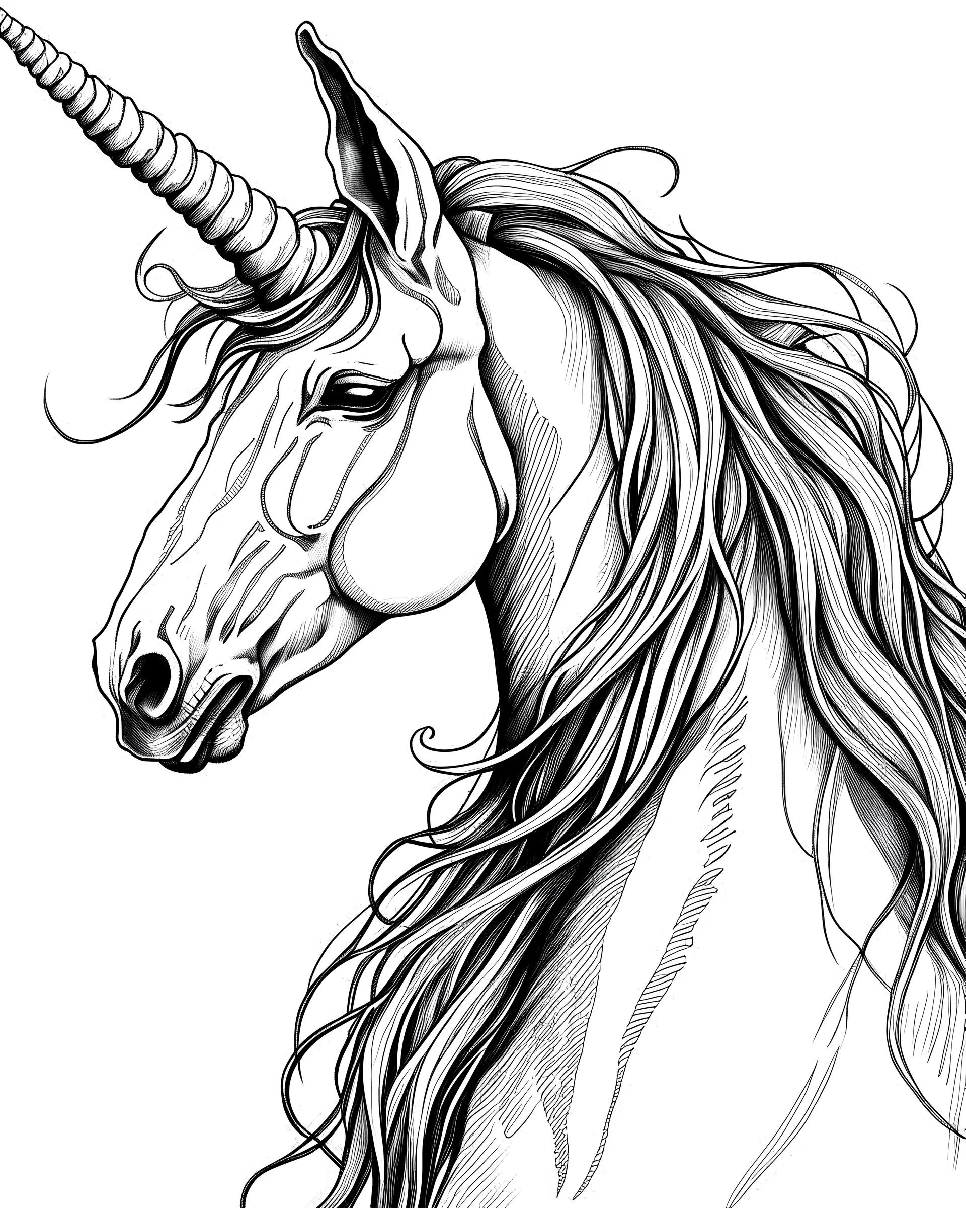 b/w unicorn two ears low detail correct character white background wide mane