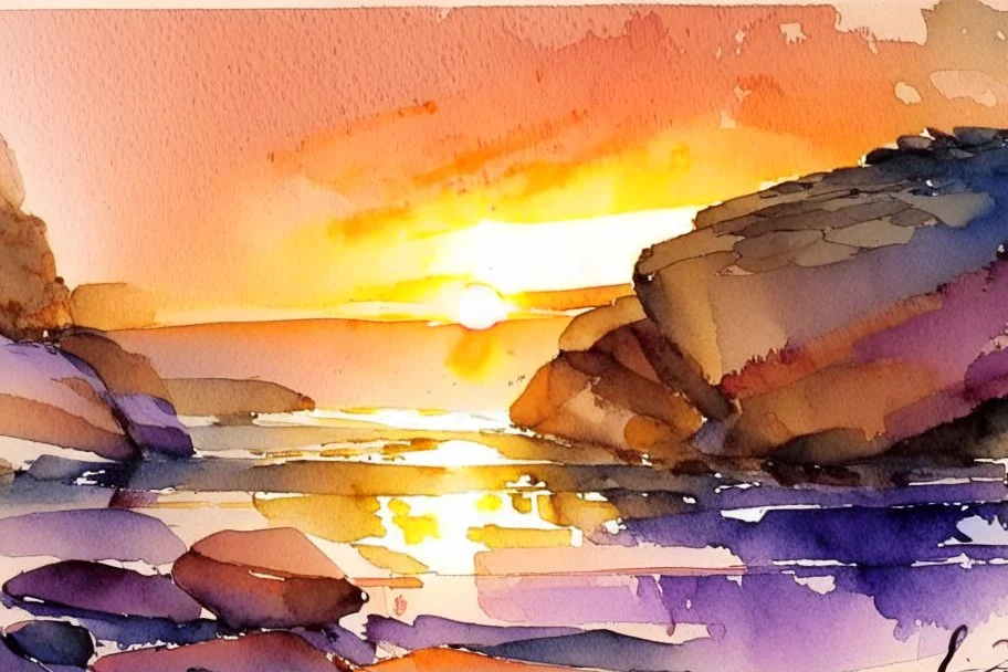 Sunset, rocks, fantasy, mountains, epic, john singer sargent watercolor paintings