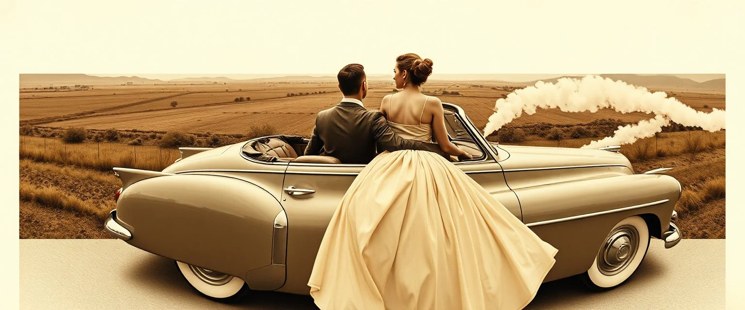 arafed image of a couple riding in a car on the back of a car and a woman in a dress, nouveau realisme decollage, multiple views, 1 9 5 0 s style, by Igor Morski, modern car design, panoramic photography, by Richard Hamilton, sepia photography, diptych, v - ray collection, 1 9 5 0 s concept art ) ) ), panoramic anamorphic, renault, gray anthropomorphic, hyperrealistic mixed media, triptych, archival, peugeot prestige, white steam on the side, diptych, storyboard, james turrel, inspired by Laurie