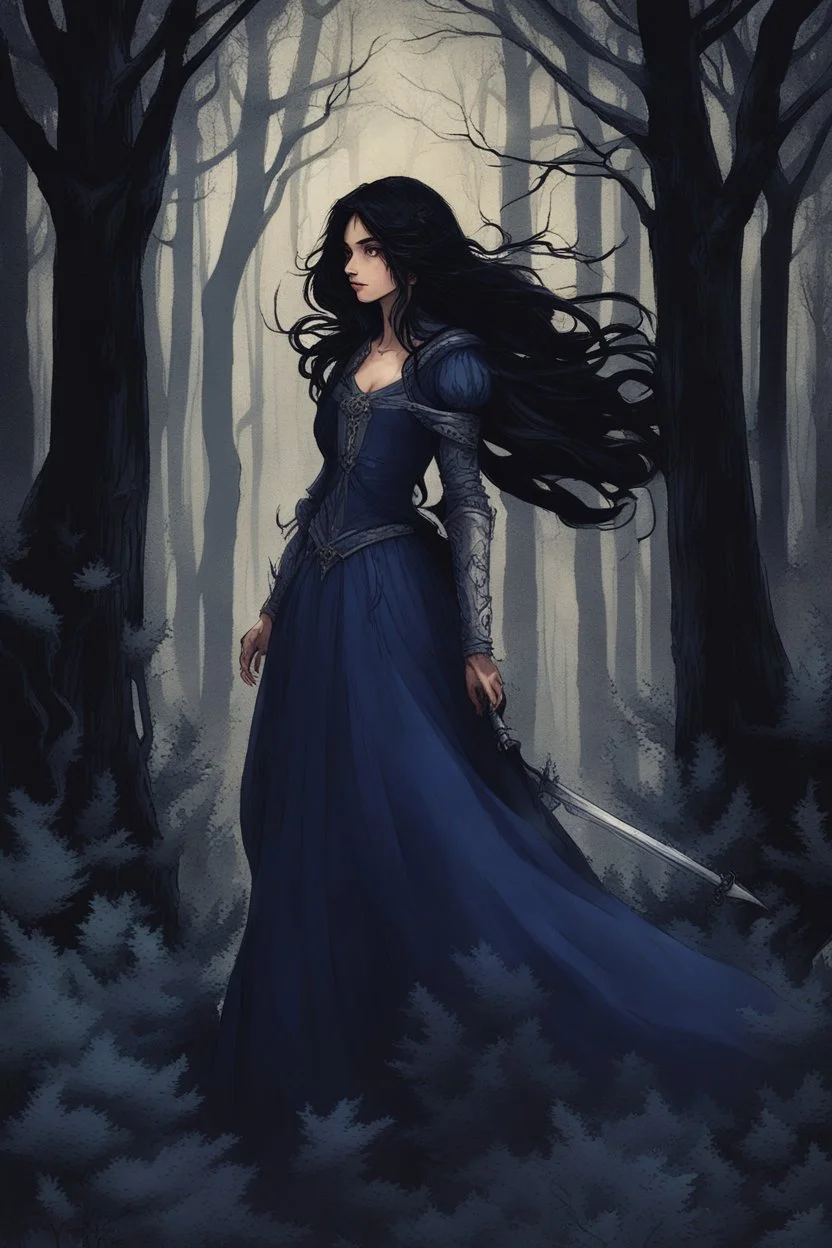 A princess in a dark indigo dress and very long black hair walks through a dark forest full of trees with her knight