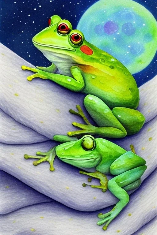 Cute frog sleeping in a bed, moon above him. Children's books. Watercolour