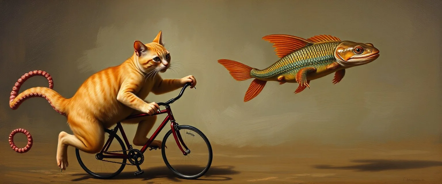 master oil painting by Rembrandt, cat octopus orc fish salamander running marathon with a bike