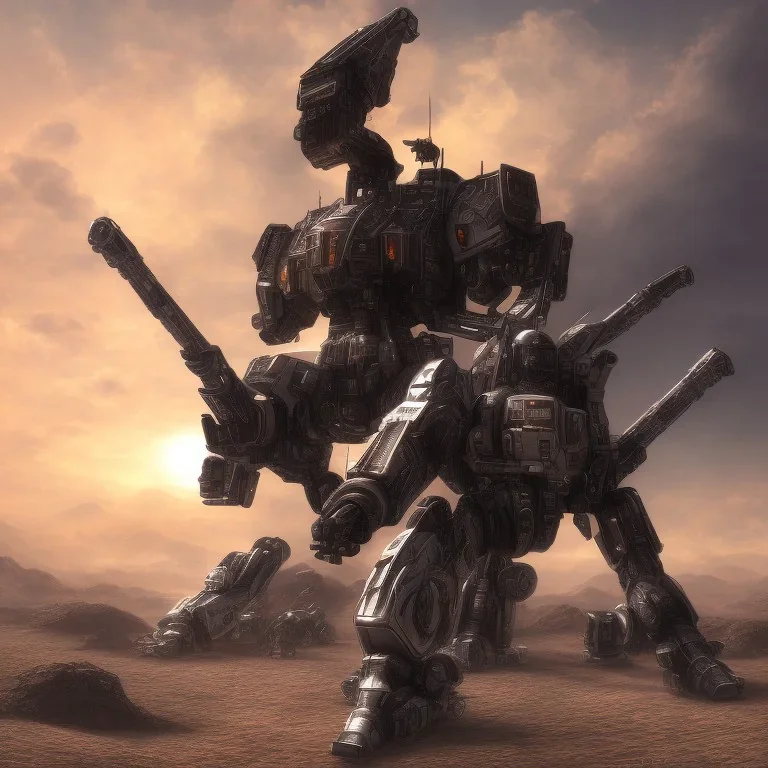 Armored Core fly in the sky in the desert with beside the ocean where you can see the space in the sky with twilight on the horizon, 4k resolution