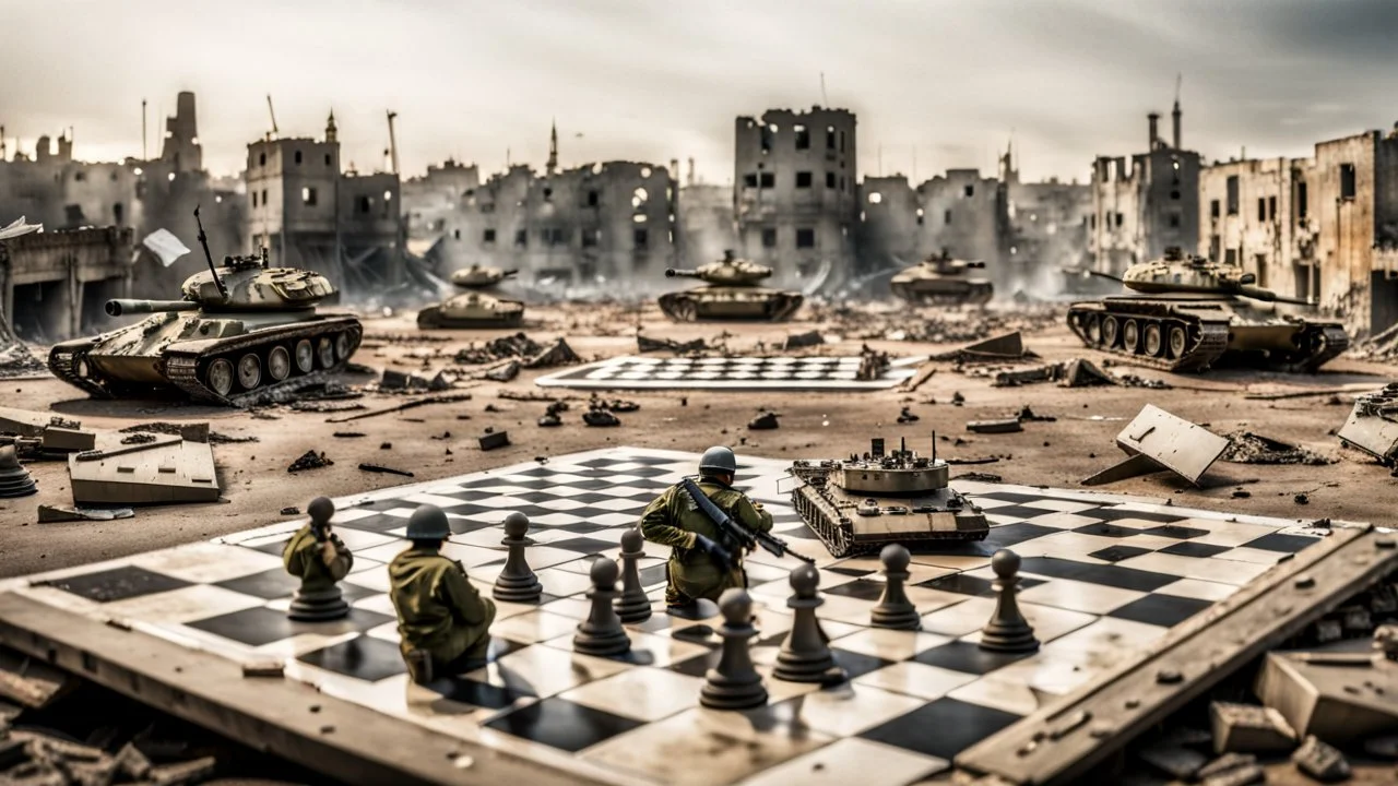 Israeli soldiers and tanks stand on a very large chessboard in the middle of a destroyed city