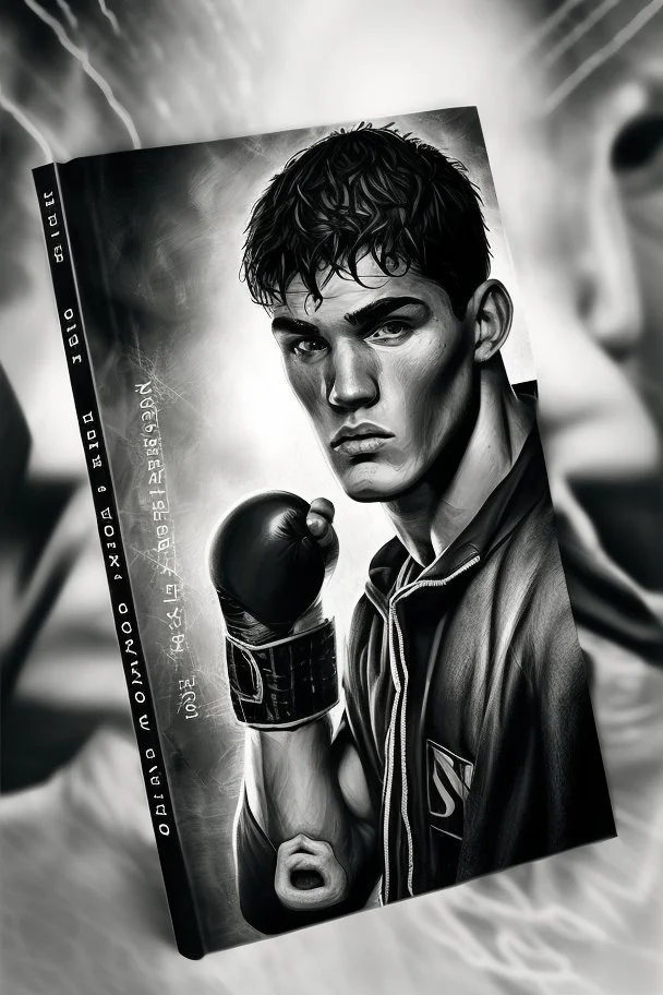 white skin man , book cover design reflecting the journey of a young, ex-boxer fighting immigrant with a heavy past and long path of challenges. The design captures his hopeful spirit amidst adversity, portrayed in a modern setting with a black and white color scheme that adds depth and emotion to his character.