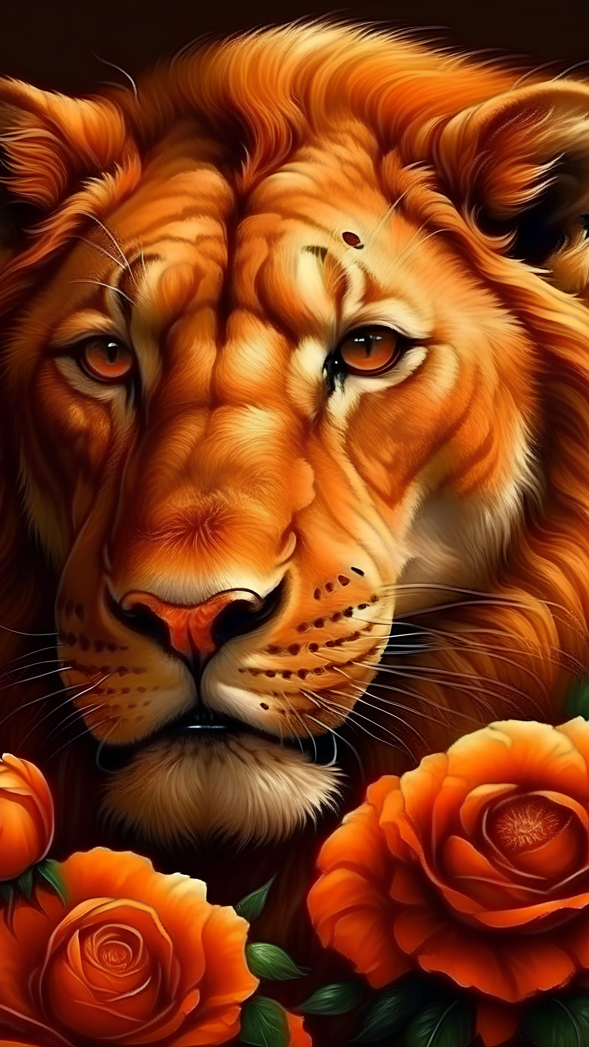 realistic lion in orange roses Fierce. Beautiful