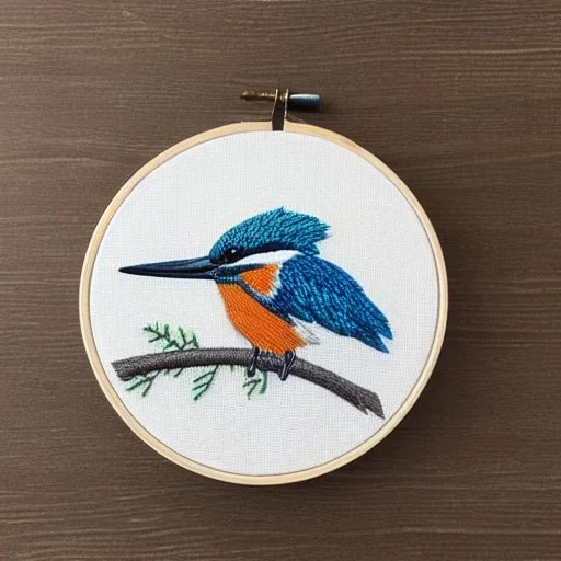 kingfisher in embroidery hoop, intricate, highly detailed