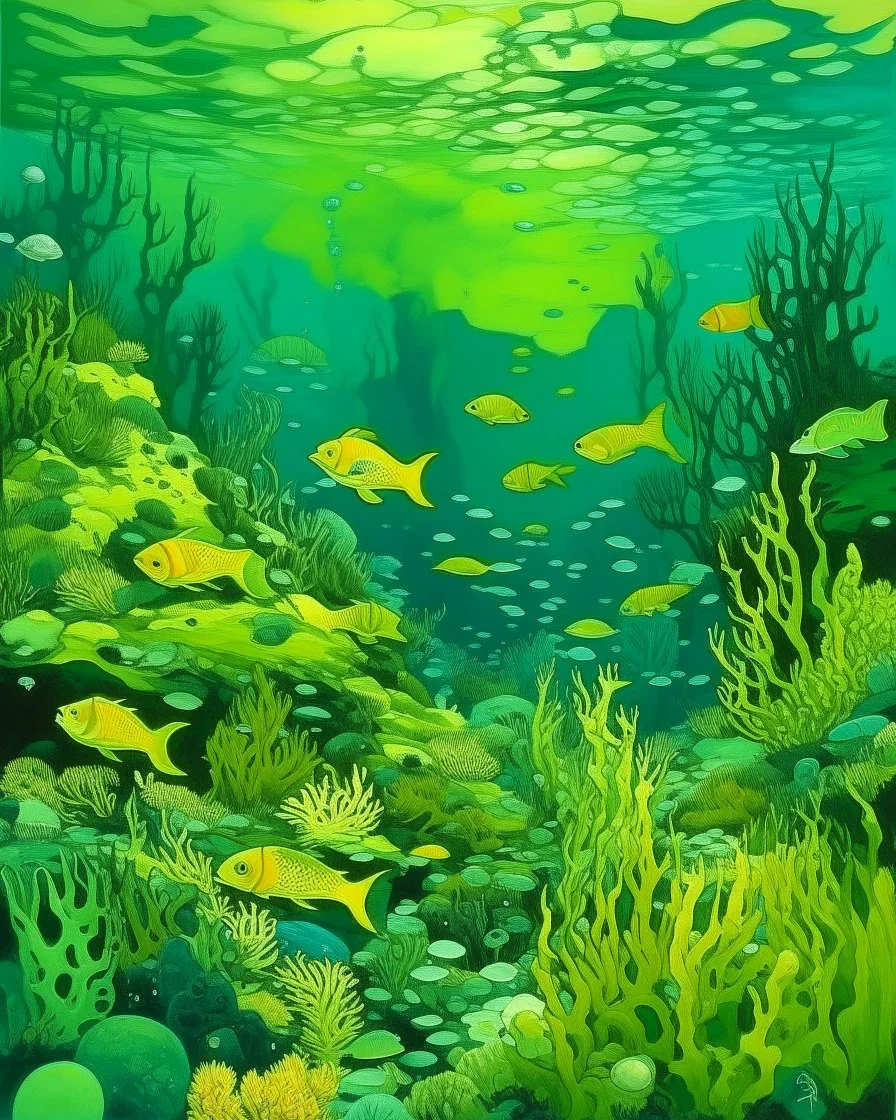 A lime green underwater reef with poisonous fish painted by Edward Hicks
