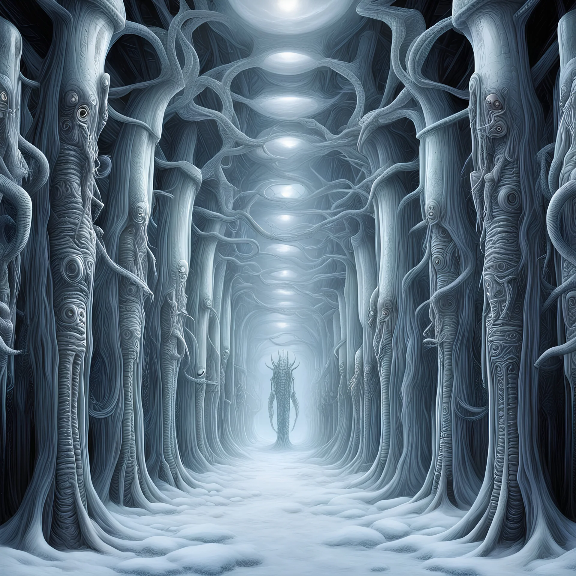 Infinity Stretch of sinister snowman sentinels lining an alien winter hall hooked up to freezer units, by H.R. Giger, biomechanics, the ice chamber, dark colors, by Dariusz Klimczak, by Dave Kendall, by Joel Perter Witkin, colorful, horror surrealism, weird winter-scape, primary cold colors, smooth