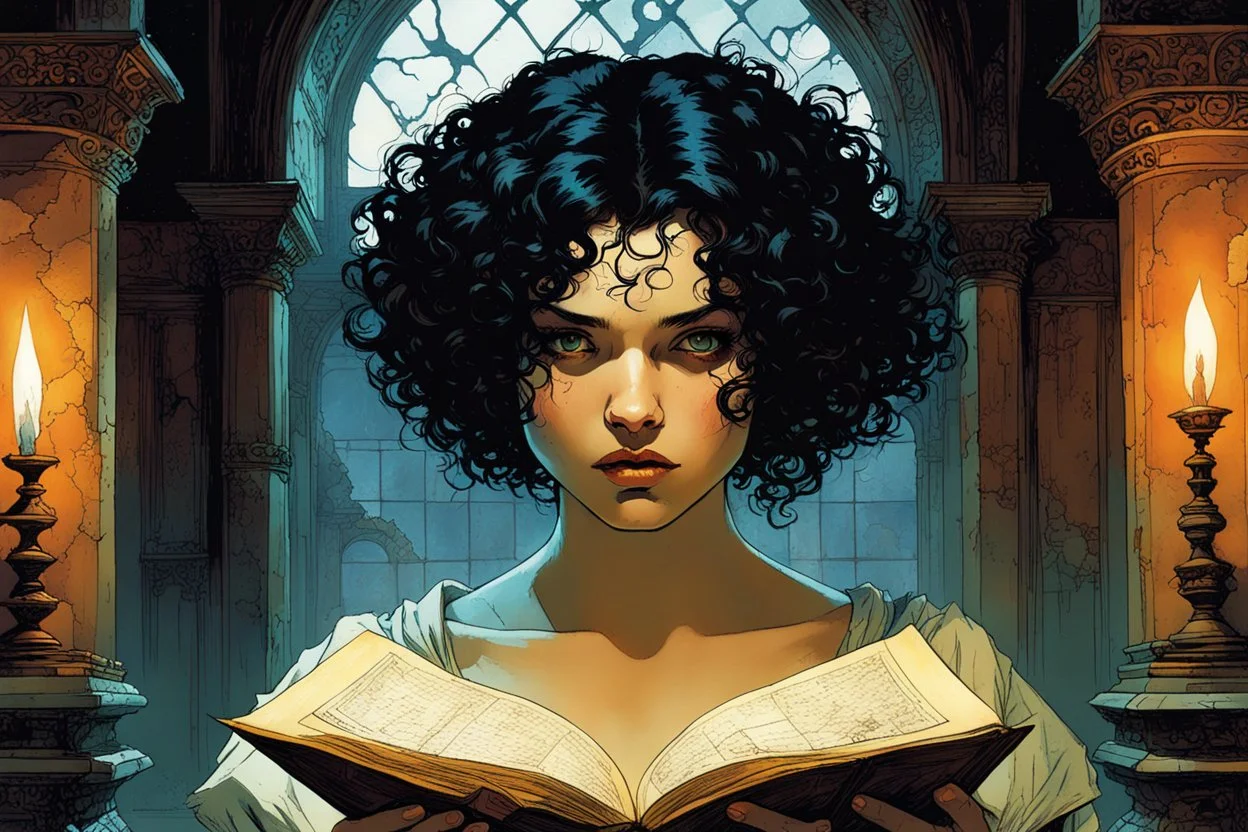 create a young vampire girl with short curly black hair, studying an arcane manuscript in a ruined Renaissance parlor, in the graphic novel style of Bill Sienkiewicz and Jean Giraud Moebius, highly detailed facial features, grainy, gritty textures, dark and foreboding, otherworldly and ethereal