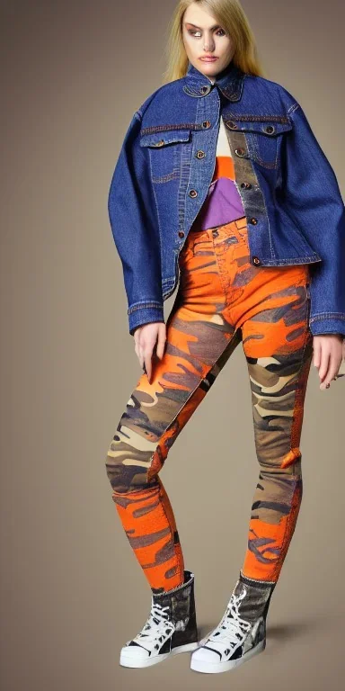 Model is woman. sérigraphie on denim with orange,terracotta, cream and purple colors. Camouflage patterns are screen printed on denim and felt. Woman in her 30's, thick thighs, thick calves, flat belly, wide hip. Mantle is sewed of recycled Denim and sewed together of camouflage pieces. It is with big bright purple felt tippet and cream-colored-hood. mantle is merged with satchel. Style: Haute Couture in 1920's and 1990's in New York. Paris in 2023