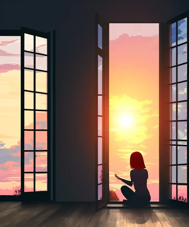 anime style illustration, sad girl sitting on the balcony, looking out of the window, sunset, breeze, shot from inside the house,