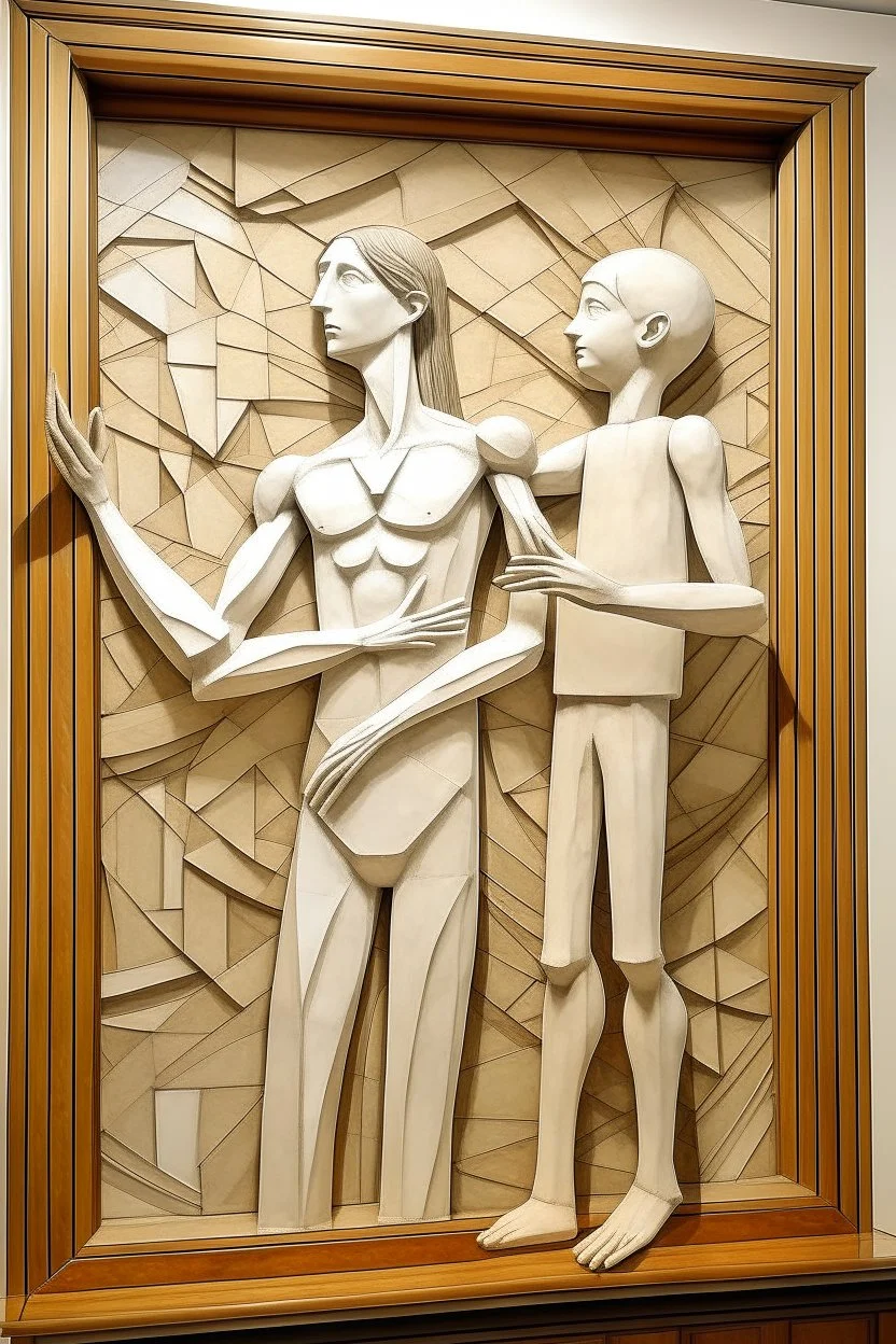 Mother holds her son , cubism a tall slender woman is standing in front of a large white picture frame displayed on the wall of an art gallery. The frame is traditional in style but looks like and has the texture of white clay. Her arms are outstretched like da vinci’s vetruvian man, and the length of her arms and body corresponds to the width of the picture frame. Her feet are perched on a surreal small shadow rock and it looks like she is floating above calm water. The picture is without canva