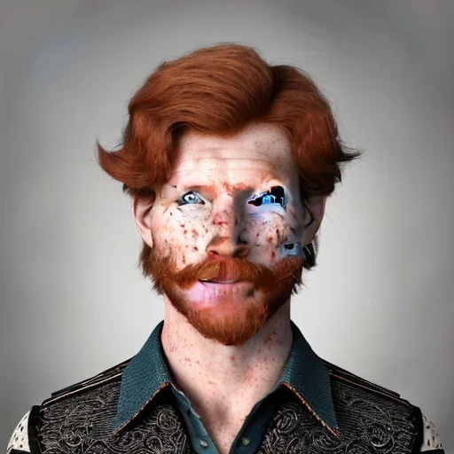 Portrait of young Courtney Gains as a ruggedly handsome, joyful, roguish pirate, charismatic, attractive male, masculine, perfect, precisely detailed clear eyes, unblemished, flawless skin, softly freckled face; meticulously detailed multi-hued ginger carrot-colored cherry fire red hair; fantasy, intricate, elegant, highly detailed, digital painting, concept art, matte, sharp focus, illustration, art by artgerm and greg rutkowski and alphonse mucha