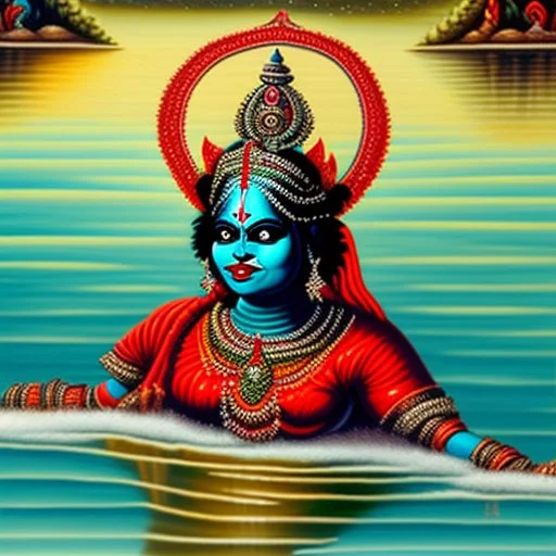 An oil painting of goddess Kali crossing a lake