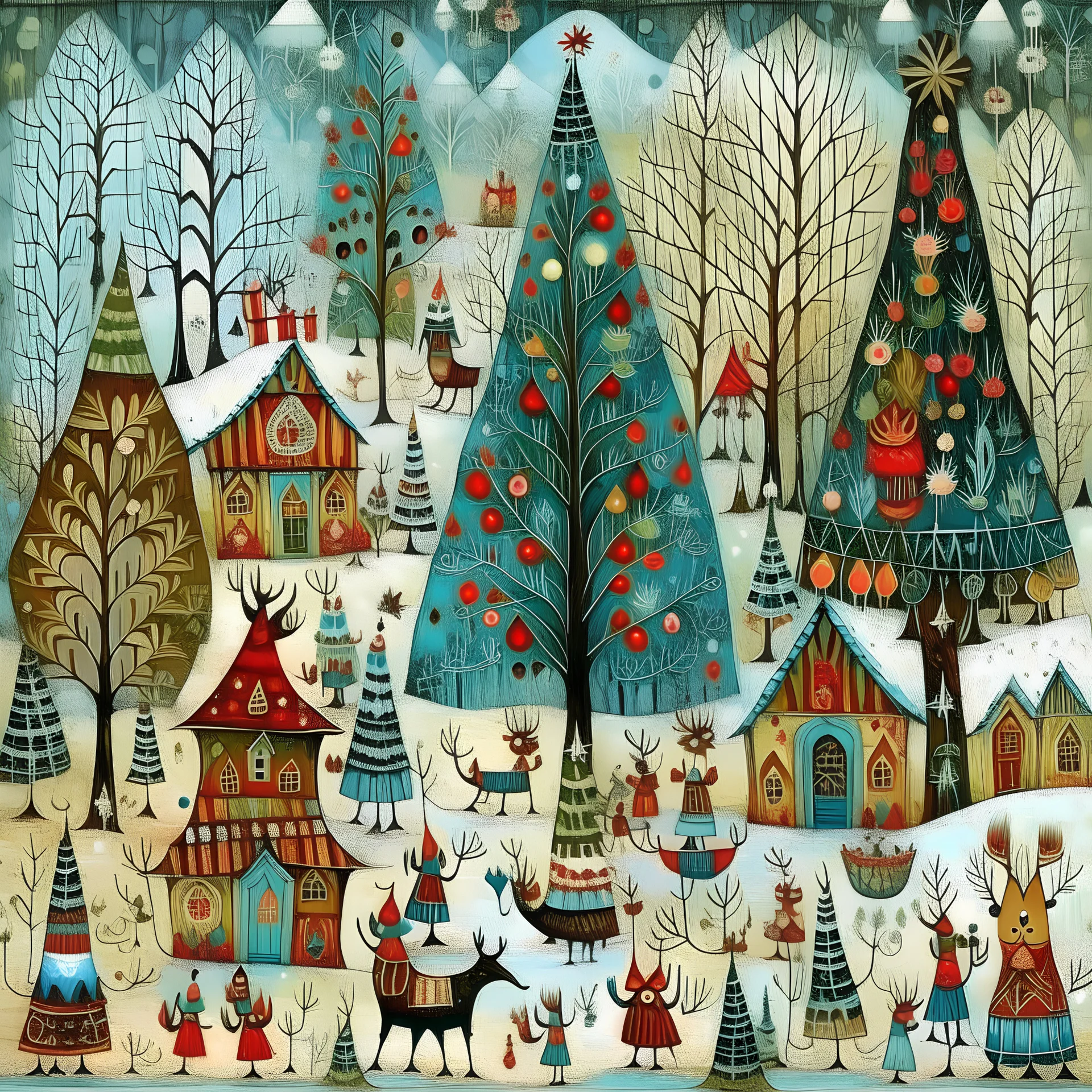 Folk art, beautiful Christmas wonderland,mixed media