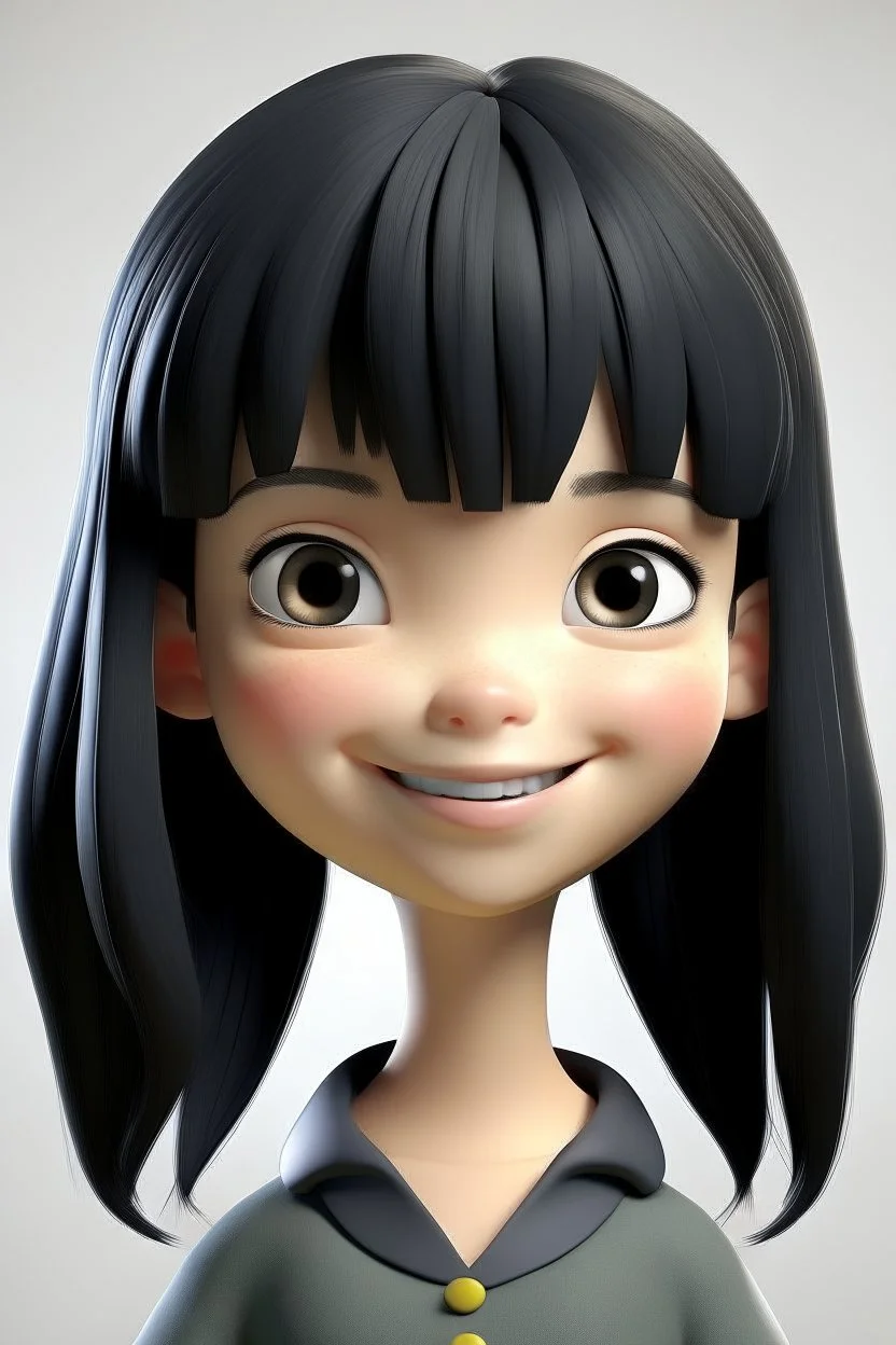 3D Cute girl smiley with medium black hair with bangs