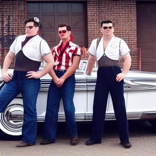 a 50s Greaser BAND standing in front of a hot rod