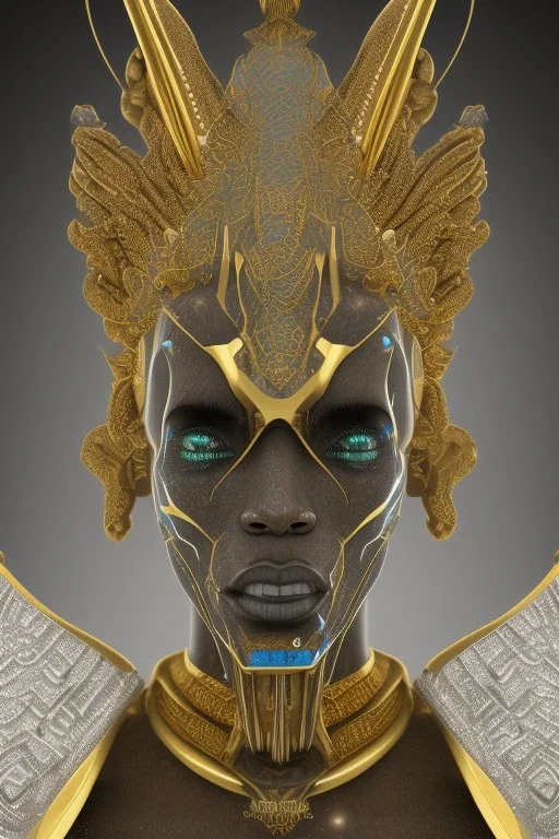 black male African Egyptian alien, cracks in the voodoo head, wicked, diamond eyes, crown, blood, 8k, finely detailed, photo realistic, leopard robe turquoise skull head gold dragon space alien rain skeleton gold teeth silver crown silver space suit spaceships