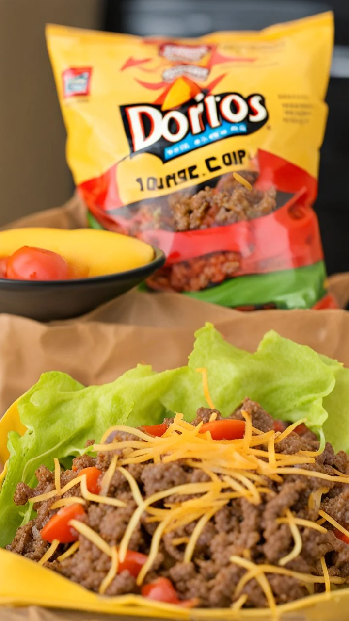 "Taco in a Bag" which consists of an open Doritos chip bag containing Doritos chips and cooked ground beef and lettuce and shredded cheese and tomato pepper and onions and more naco chips, food blogger photography