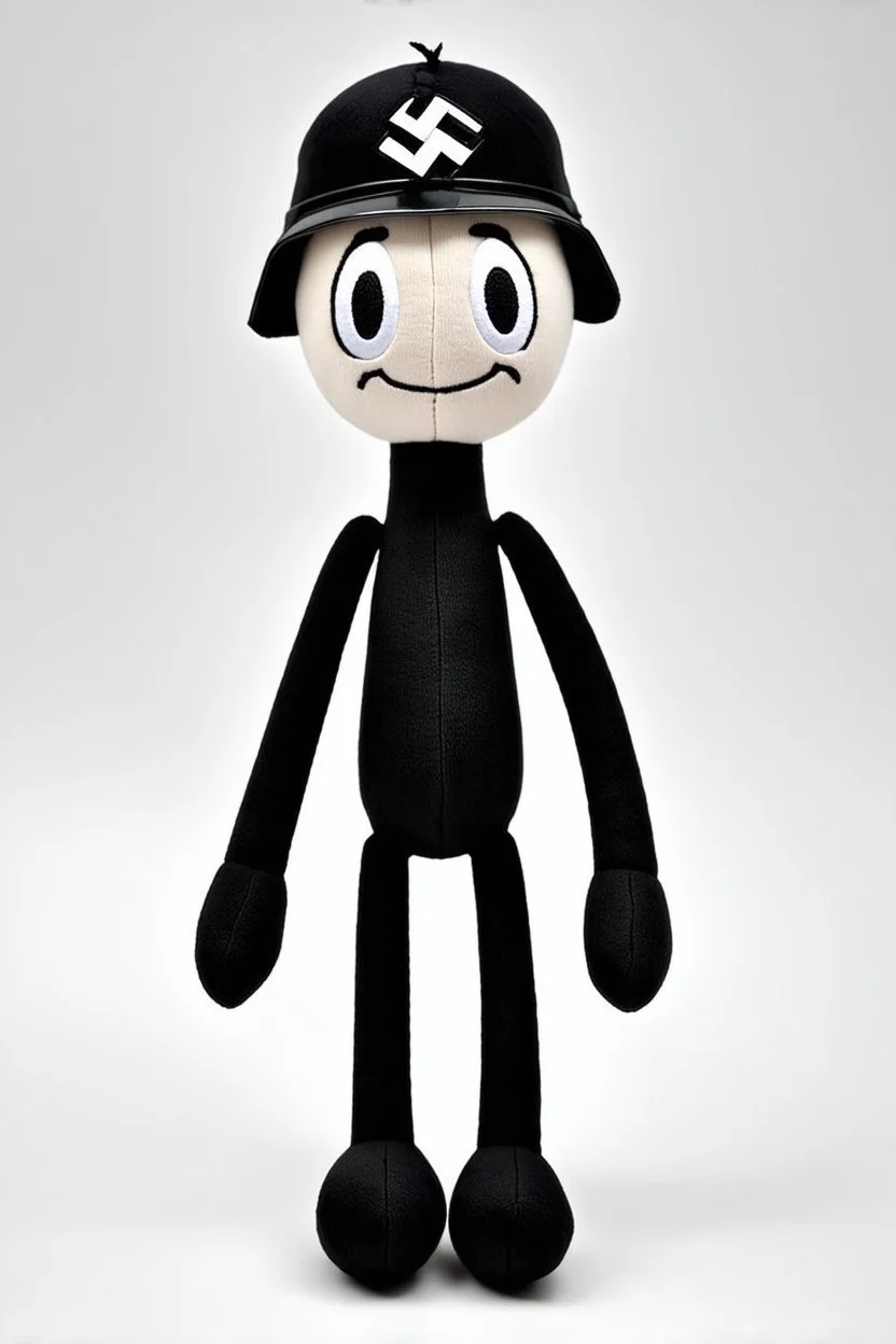 a tall and skinny plush toy, with cute cyclopes face, wearing a Nazi helmet
