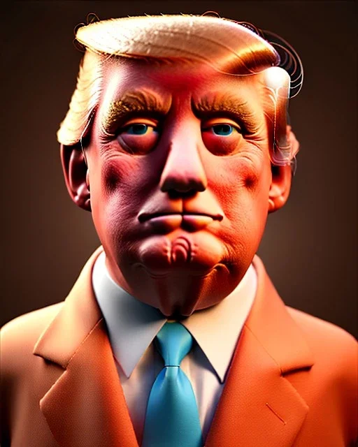 Waist up Portrait, Donald trump muppet, Wes Anderson style, photo studio, unreal engine 5, god lights, ray tracing, RTX, lumen lighting, ultra detail, volumetric lighting, 3d.