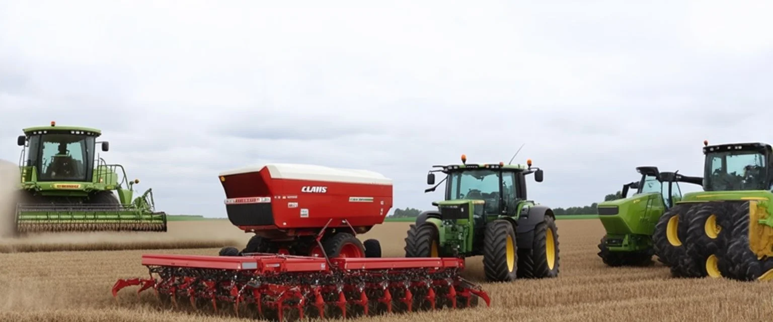 Parked at the edge of a field is a Claas brand Combine(left)seeder(middle) and a John Deere Tractor with seeder(right) simplified