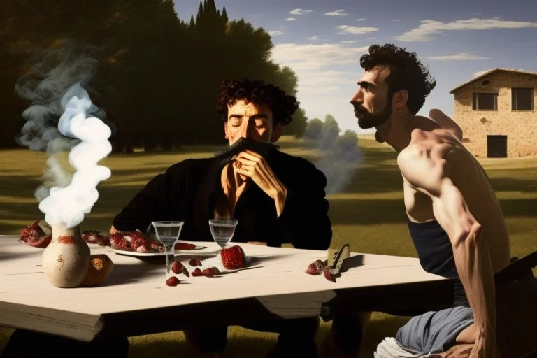 man smoking on picnic table by Caravaggio