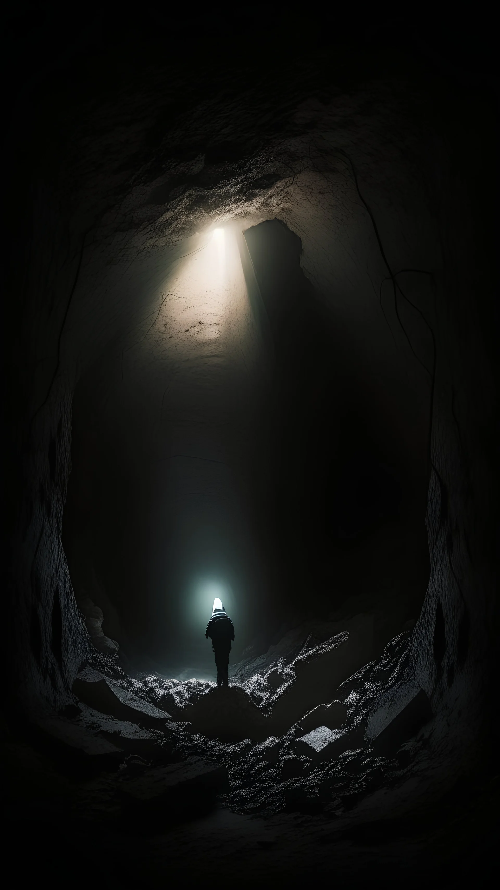 charactere in semi-darkness, on the scree cone of an underground room dimly lit by daylight coming from a well located forty meters above.