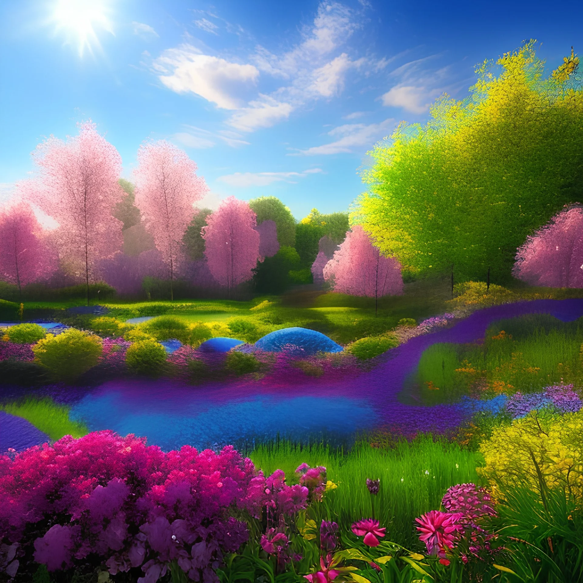 cosmic city, blue sky, garden, flowers, trees, sunny day, pink, blue, yellow lights