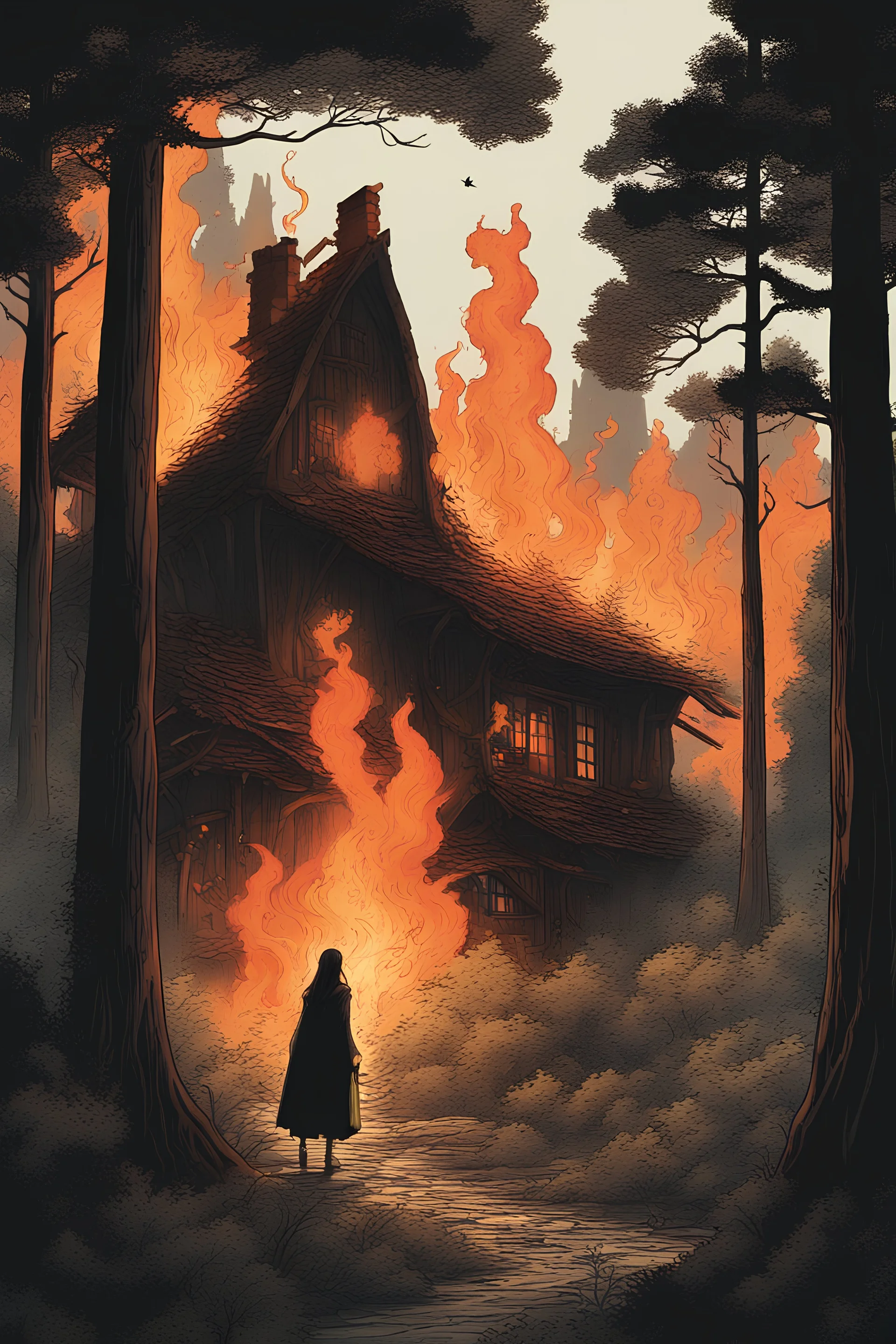 In the heart of a dense, ancient forest, a medieval cottage stands engulfed in flames, its timeworn timbers crackling and sending plumes of smoke into the sky. In the foreground, a mysterious woman in silhouette stands, the house is melting like candy. the house is engulfed in flames. a woman in a cloak hides behind a tree.