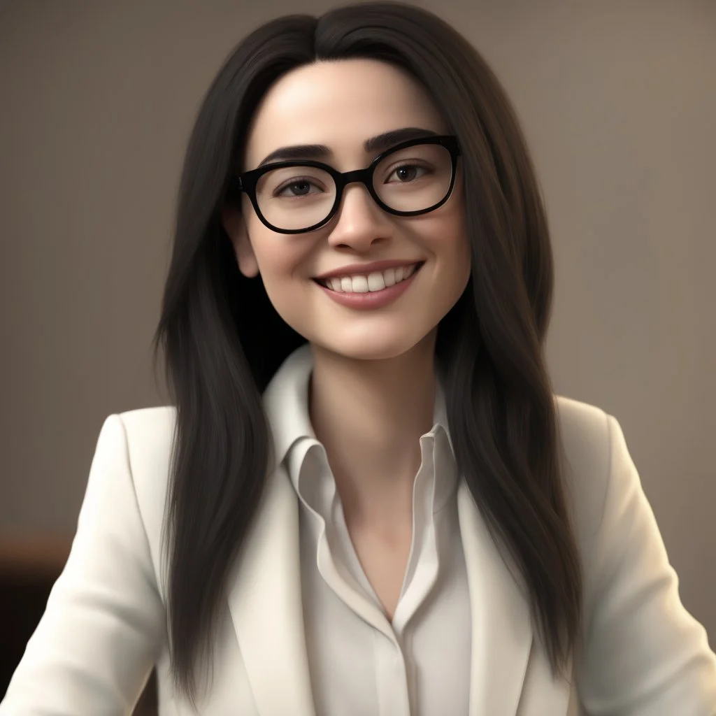 a portrait of smiling woman wearing ivory blazer with white shirt inside. long black hair, messy hair. light skin. black eye pupils. big nose. pear face shape. wearing small rectangle glasses, transparent glasees frame. thick eyebrow. pixar style. 3D. 4k. portrait. highly detailed. sharp focus. high resolution. full color. cinema lighting